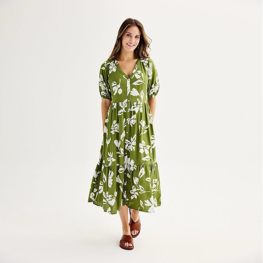 Sonoma Green and White Puff Sleeve Midi Sundress